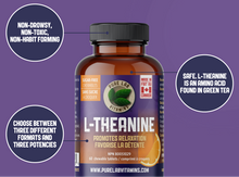 Load image into Gallery viewer, Bottle of L-Theanine supplement with purple background