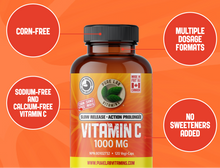 Load image into Gallery viewer, Vitamin C supplement bottle on an orange background with feature circles.