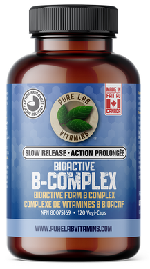 Brown supplement bottle labeled 'Bioactive B-Complex' with blue label on a white background