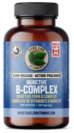 Brown supplement bottle labeled 'Bioactive B-Complex' with blue label on a white background