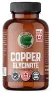 Brown supplement bottle labeled 'Copper Glycinate' with a black lid on a white background
